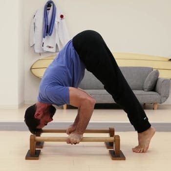The Benefits of Parallettes Training and How to Overcome Challenges 3 Ryan doing an inverted press exercise on parallettes