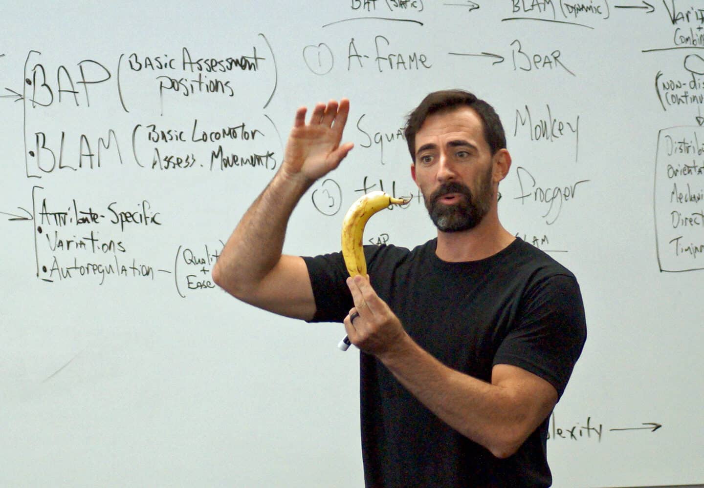 Ryan Hurst brandishing a banana while teaching handstands at a GMB Fitness seminar