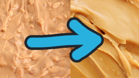 Floor Loco 3 Crunchy peanut butter on the left with an arrow pointing to creamy peanut butter on the right