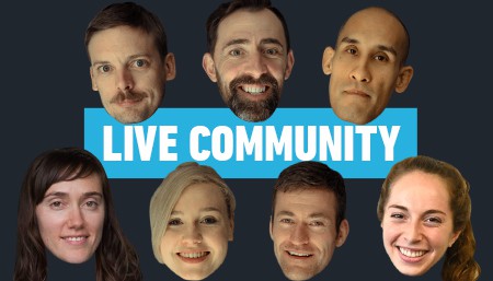 Floating heads of GMB founders and trainers around the words "Live Community"