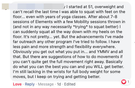 Reviews 4 I'm 53 years old and obese and just finished my 11th session of Elements. I always choose the 15 minute option At first I just did the best I could, which wasn't very much! Tonight I was able to work the whole 15 minutes- I don't look like the ads, but I'm pleased as punch with my (slow) progress! This is the first session that I can imagine moving up to 30 minutes on my next go around! I also started using their eating skills program. I'm still adjusting to NOT being on a diet and not feeling guilty ALL of the time, but this system is changing my mind as well as my body.
