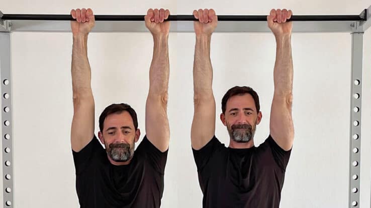 passive and active hanging exercise on a pull-up bar