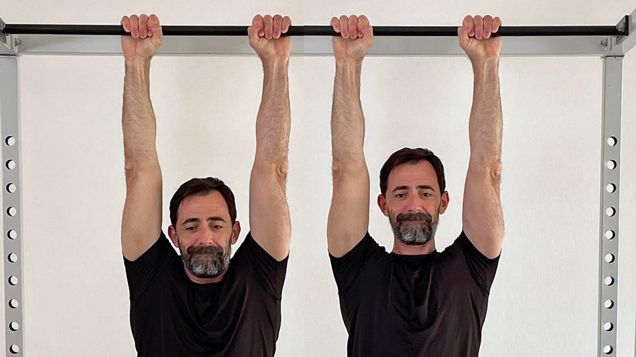passive and active hanging exercise on a pull-up bar