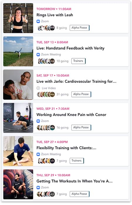 Screenshot of the live events section in Alpha Posse