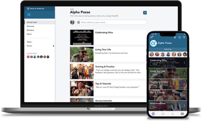 GMB Alpha Posse coaching community shown on a laptop and a smartphone