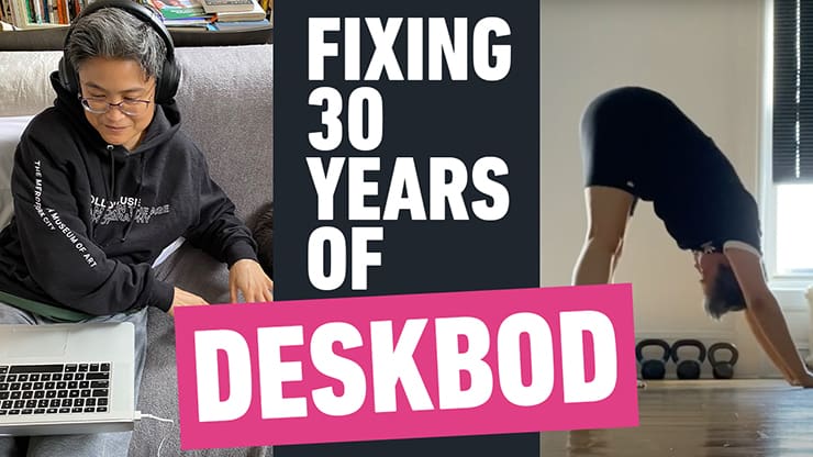 GMB Client Kamomi sitting with her laptop and practicing the A-frame, with the text "Fixing 30 Years of Deskbod"