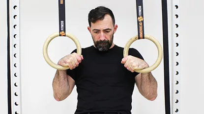 GMB Head Coach Ryan Hurst demonstrating the false grip for the strict rings Muscle-Up